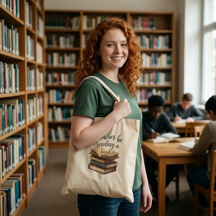 A beige tote bag with a printed design on it, depicting a stack of books. The text on the bag reads "I'd rather be reading a book".