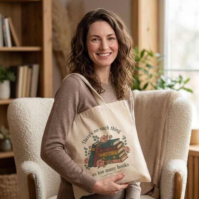 a tote bag and a mug with a printed design, including a stack of books and the text "There's no such thing as too many books" and "There's no such thing as too many books" on them. The items are placed on a table with some greenery, and there is a text overlay that reads "Tote Bag & Mug Gift Set" and "Buy the Tote & add the Mug".