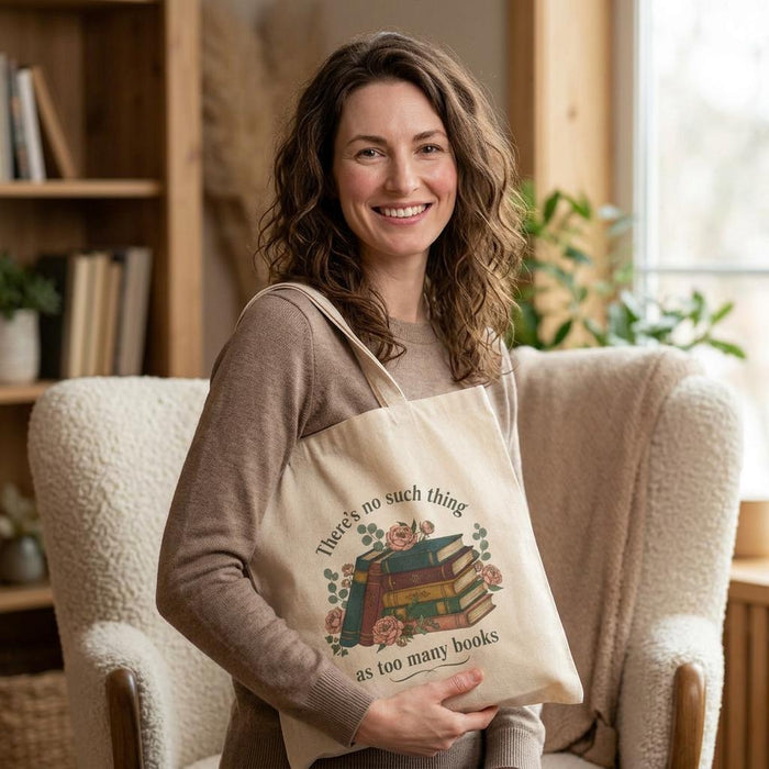 a tote bag and a mug with a printed design, including a stack of books and the text "There's no such thing as too many books" and "There's no such thing as too many books" on them. The items are placed on a table with some greenery, and there is a text overlay that reads "Tote Bag & Mug Gift Set" and "Buy the Tote & add the Mug".