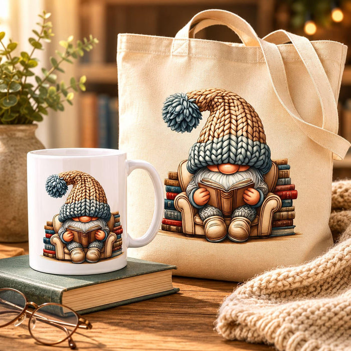 a tote bag and a mug with a gnome sitting on a stack of books, both with a knitted hat on.