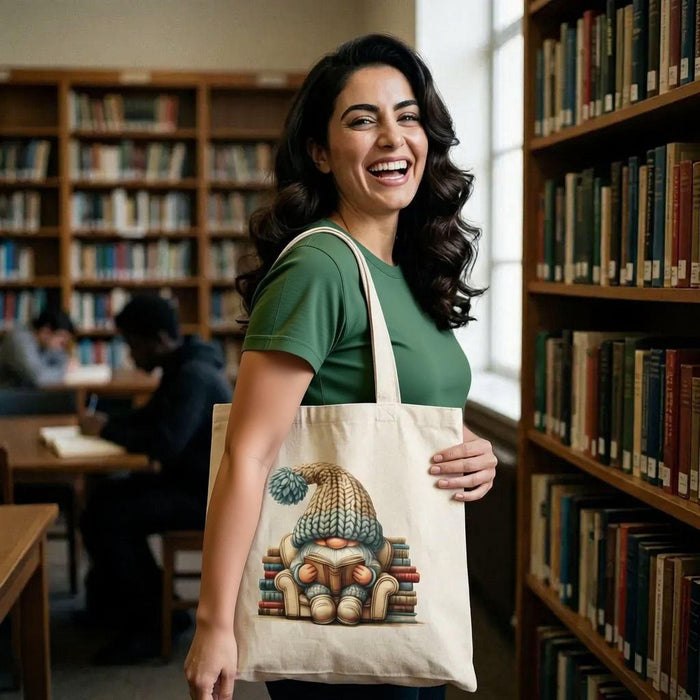 a tote bag and a mug with a gnome sitting on a stack of books, both with a knitted hat on.