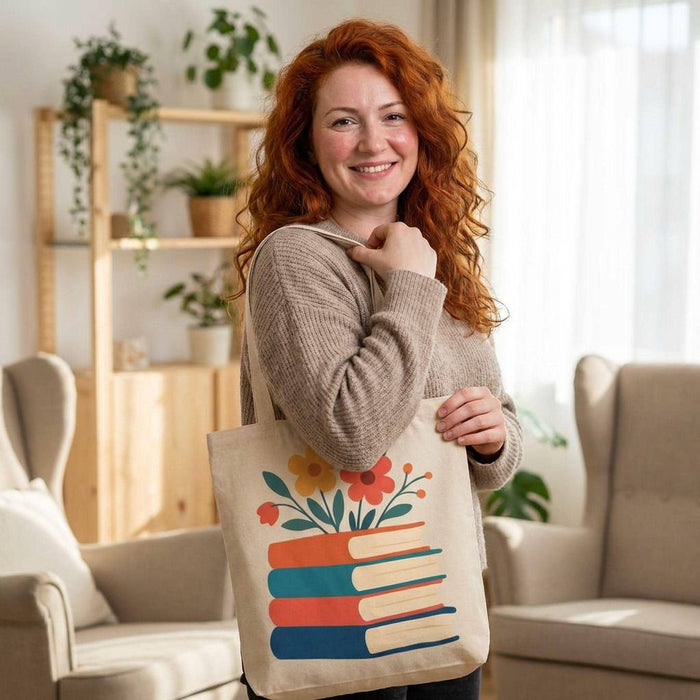 A tote bag with a floral design on it, featuring a stack of colorful books with flowers on top.
