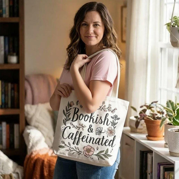 A white tote bag with a floral design and a purple handle, along with a white mug with a floral design and a purple handle, both sitting on a beige surface.