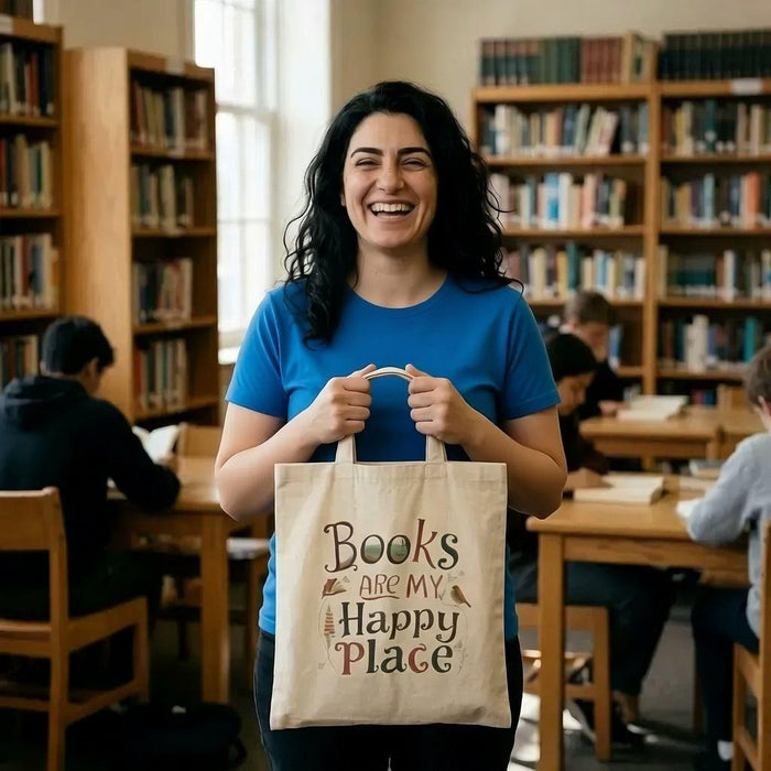 A tote bag and a mug with the text "Books are my Happy Place" printed on them, along with a book and a pen.