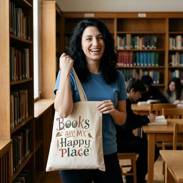 A tote bag and a mug with the text "Books are my Happy Place" printed on them, along with a book and a pen.