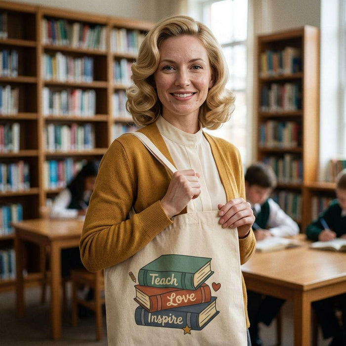 a book wrapped in brown paper with a heart-shaped tag that reads "For a Teacher who Inspires", along with other school supplies such as pencils, a chalkboard, and flowers.