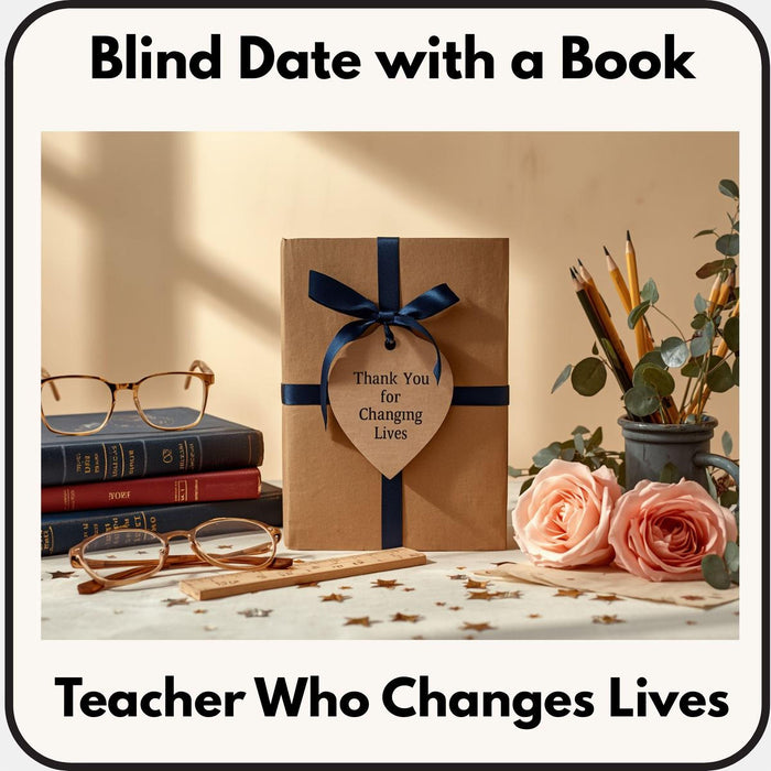 a book titled "Thank You for Changing Lives" with a blue ribbon, placed on a table surrounded by glasses, a vase of flowers, and a stack of books.
