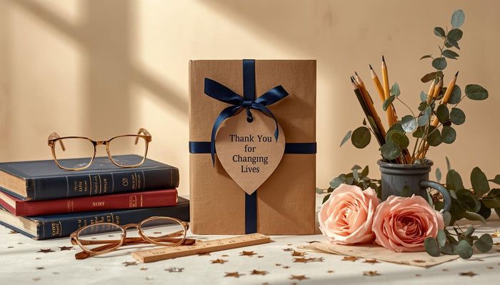 a book titled "Thank You for Changing Lives" with a blue ribbon, placed on a table surrounded by glasses, a vase of flowers, and a stack of books.