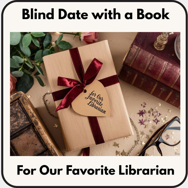 a book wrapped in a red ribbon, with a heart-shaped tag that reads "For Our Favorite Librarian". The book is placed on a table surrounded by other books and a pair of glasses.