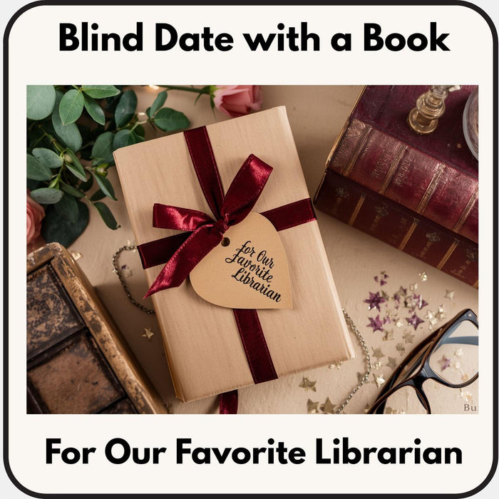 a book wrapped in brown paper with a red ribbon, a pair of glasses, and some books and flowers on a table.