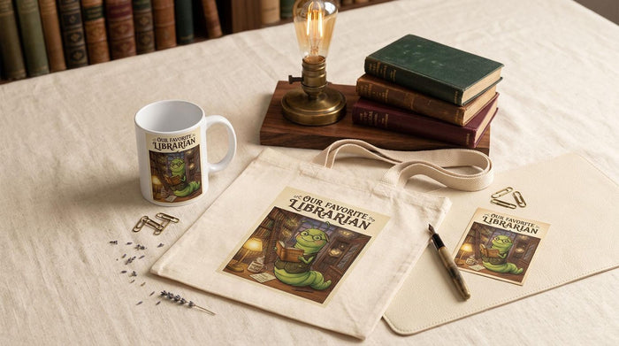 a book wrapped in brown paper with a red ribbon, a pair of glasses, and some books and flowers on a table.