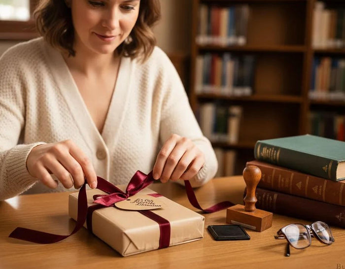 a book wrapped in brown paper with a red ribbon, a pair of glasses, and some books and flowers on a table.
