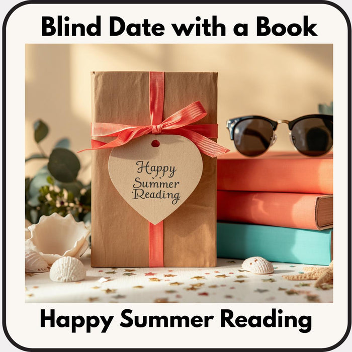 a book with a heart-shaped tag that says "Happy Summer Reading" and a pair of sunglasses on a table with a stack of books and seashells.