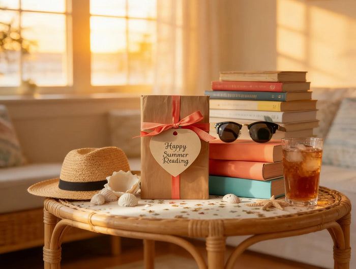 a book with a heart-shaped tag that says "Happy Summer Reading" and a pair of sunglasses on a table with a stack of books and seashells.