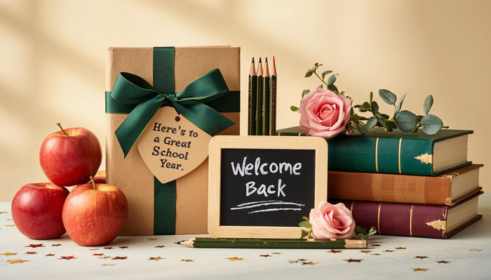 a book, a heart-shaped tag, a chalkboard sign, apples, pencils, and books, all arranged on a table with a "Welcome Back" sign.
