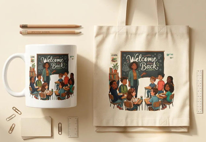 a book, a heart-shaped tag, a chalkboard sign, apples, pencils, and books, all arranged on a table with a "Welcome Back" sign.