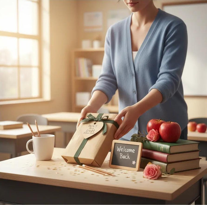 a book, a heart-shaped tag, a chalkboard sign, apples, pencils, and books, all arranged on a table with a "Welcome Back" sign.