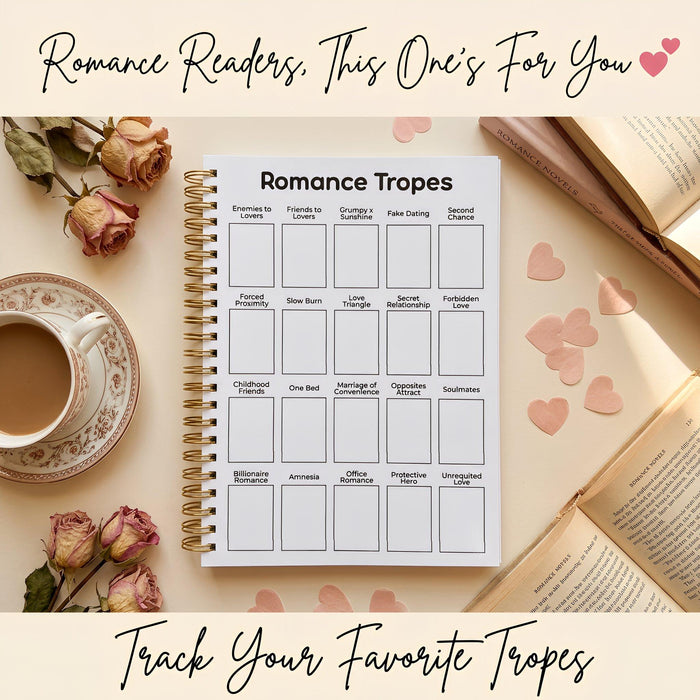 The image is a book cover for a reading journal with a floral design and an open book illustration.
