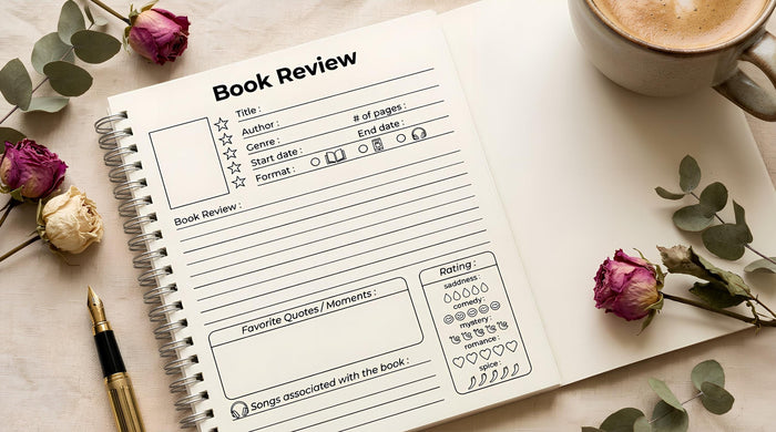 The image is a book cover for a reading journal with a floral design and an open book illustration.