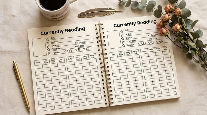 The image is a book cover for a reading journal with a floral design and an open book illustration.