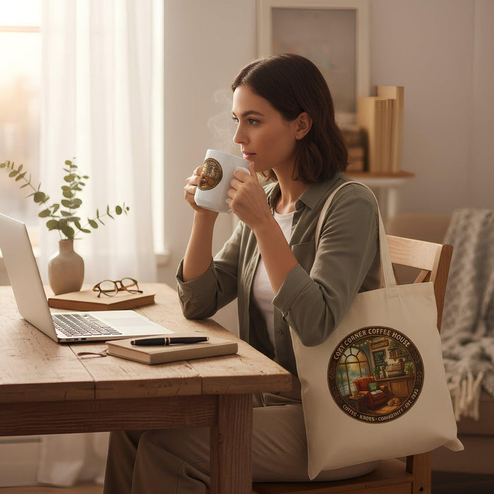 A cozy corner coffee house gift set, including a tote bag and a mug, is displayed on a table with various items such as books, a cup of coffee, and a pastry.