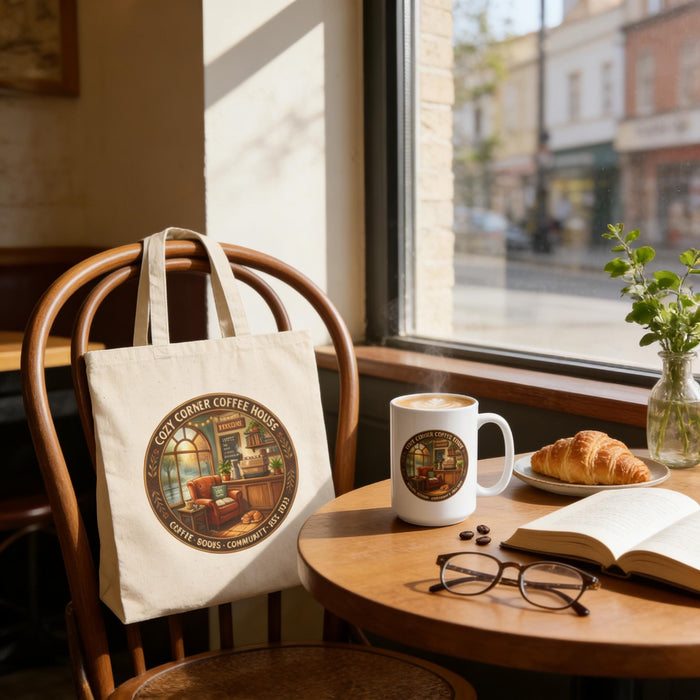 A cozy corner coffee house gift set, including a tote bag and a mug, is displayed on a table with various items such as books, a cup of coffee, and a pastry.