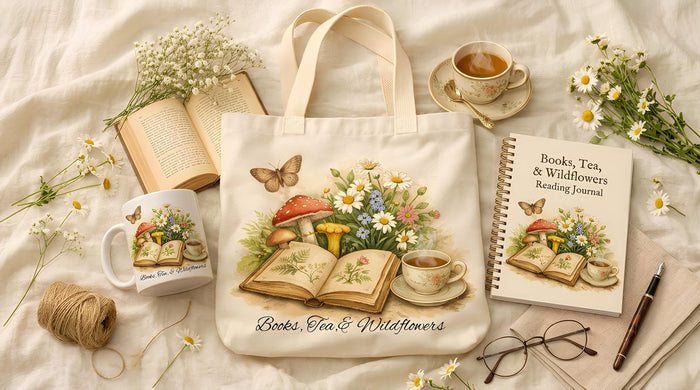 a white tote bag with a floral design, a mug, a book, a pair of glasses, a pair of twine, and some flowers and daisies.