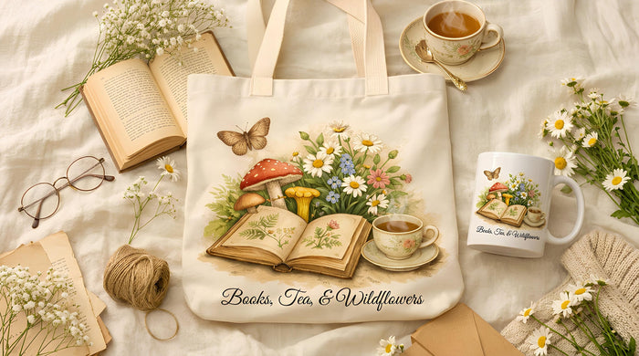 a white tote bag with a floral design, a mug, a book, a pair of glasses, a pair of twine, and some flowers and daisies.
