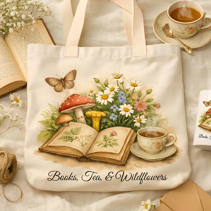 a white tote bag with a floral design, a mug, a book, a pair of glasses, a pair of twine, and some flowers and daisies.