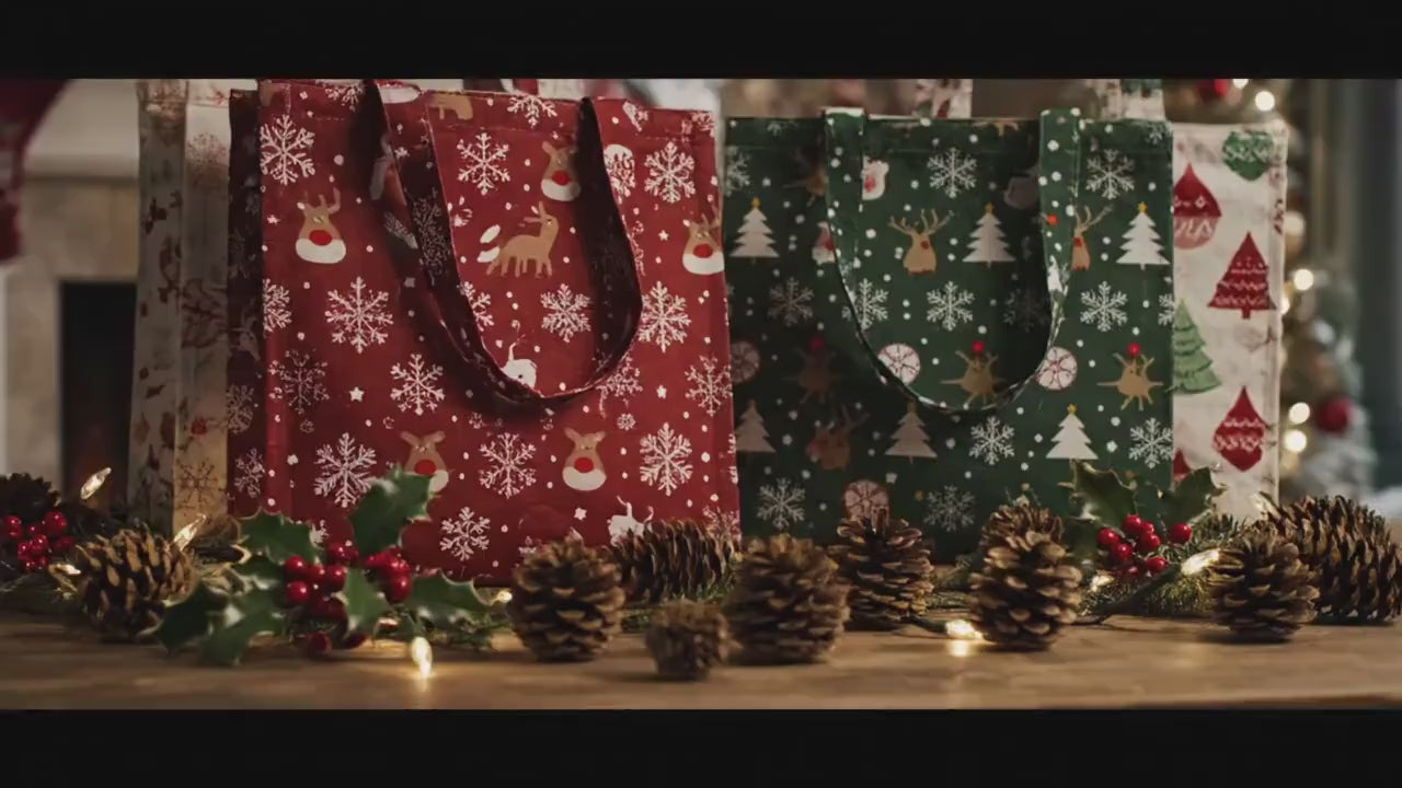 Christmas Tote Bag: Red Poinsettias and Green Leaves, Festive Floral Book Shopping Carryall
