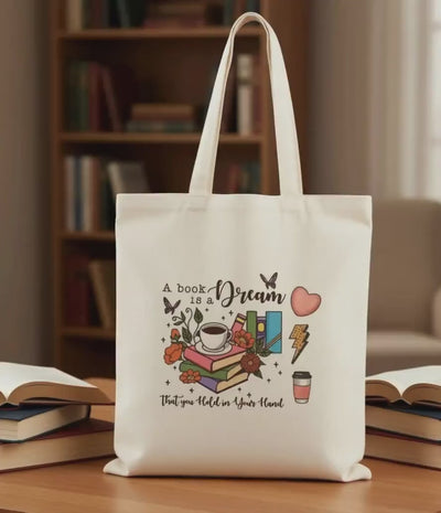 Bookish Canvas Tote Bag • 5 DTF Designs • 14x15 Heavy Duty Reusable Book Tote • Polyester Cotton Bag for Readers • Gift for Book Lovers