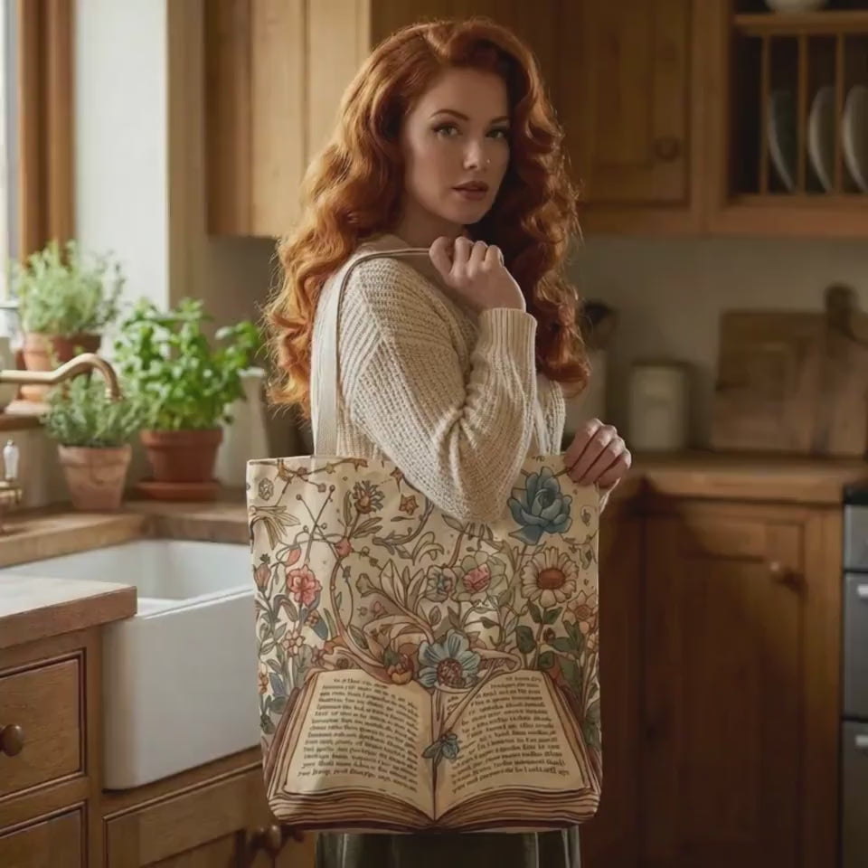Vintage Look Open Book Bag: Floral Illustration Design Carryall Shopping Tote & Mug Gift Set