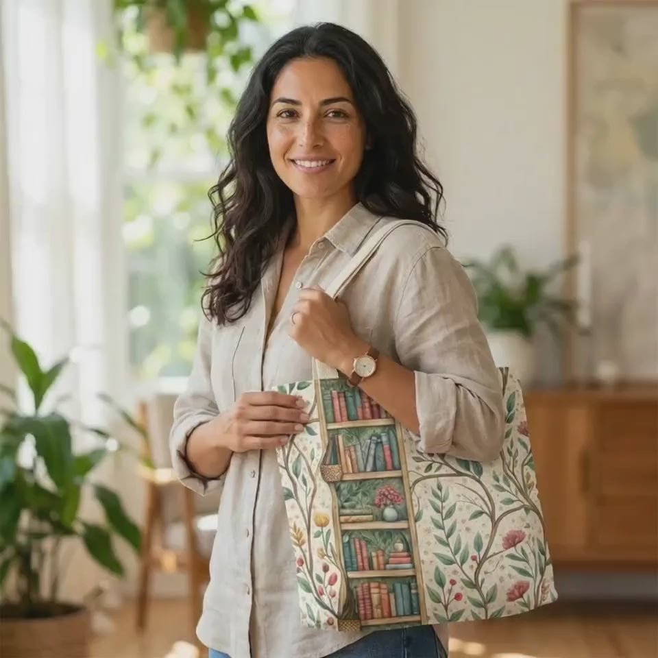 Bookcase Floral Tote Bag • Vintage Library Shopping Carryall • Book Lover Gift