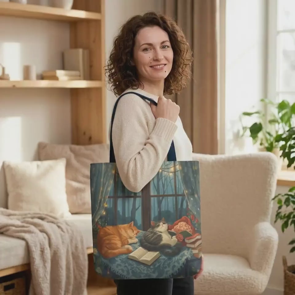 Cozy Cats Reading Tote Bag | Cats and Books All Over Print | Bookish Cat Lover Gift for Her | Cat Mom BookTok | Book Lover Cat Lady Gift