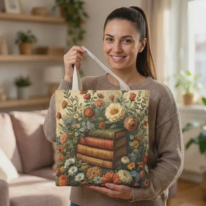 Floral Bookstack Tote Bag • Spring Literary Canvas Bag