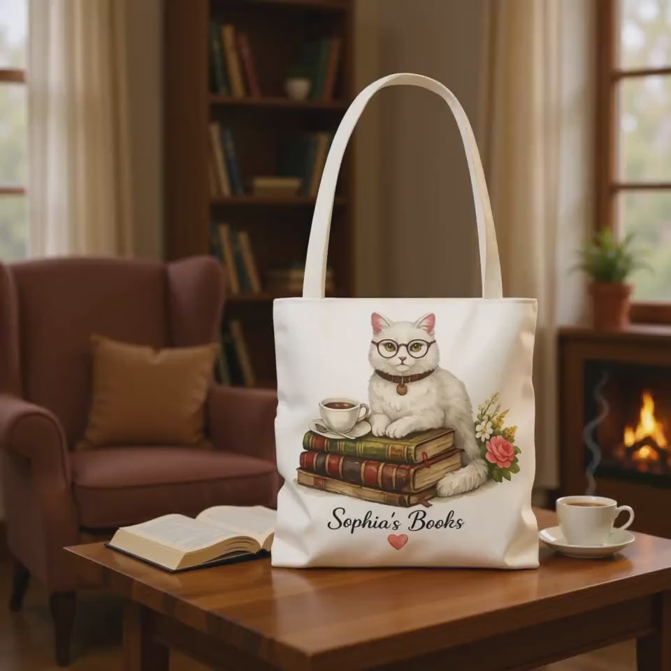 Personalized Booklover Cat Tote – Custom Name Tote Bag for Readers, Cute Cat & Books Design, Book Lover Gift, Library and Book Club Bag