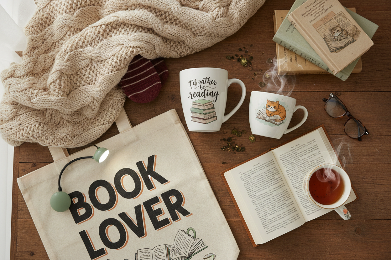 Thoughtful Gifts For Booklovers. Personalized mugs, Bookish tote bag, cozy reader gifts.