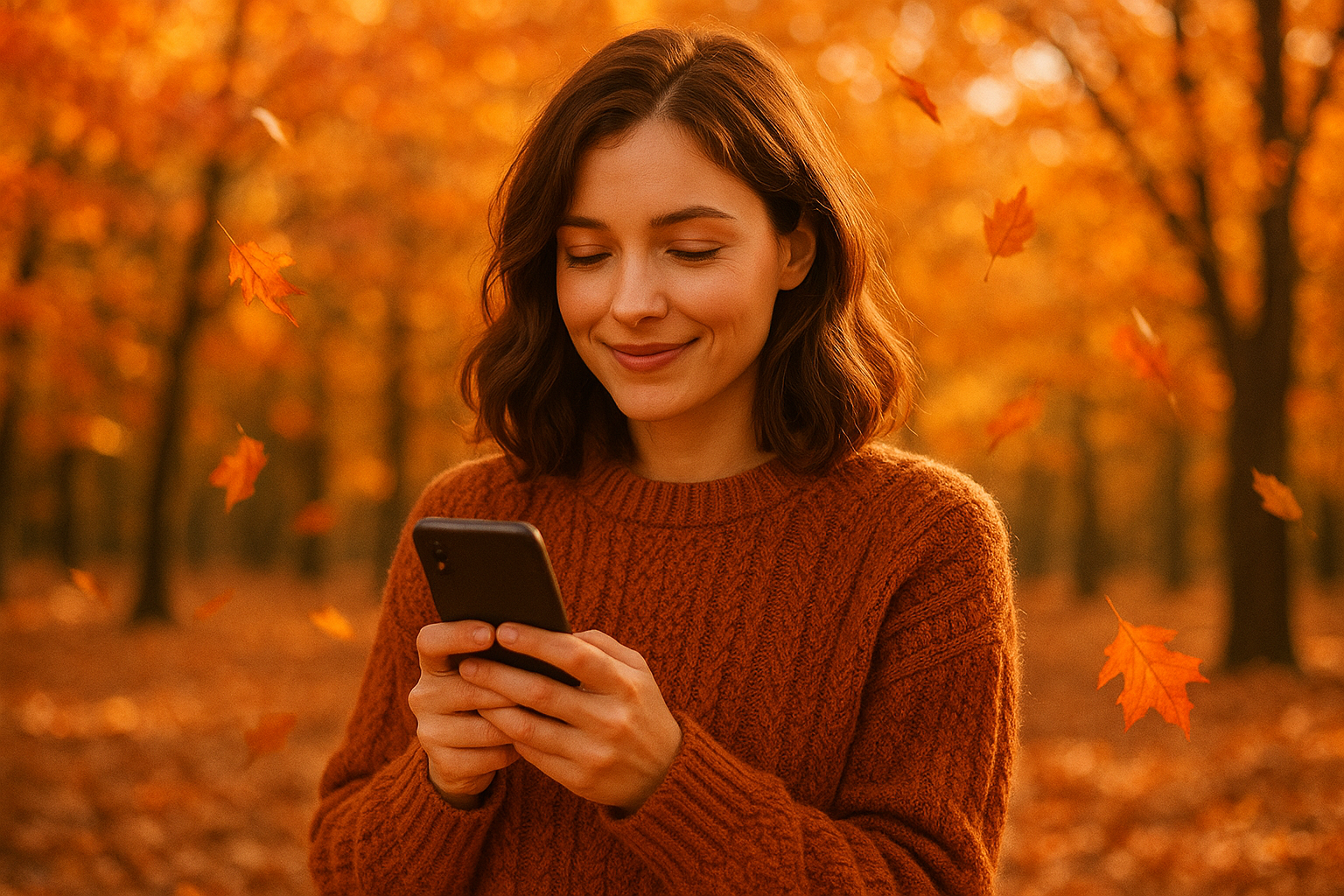 woman holding cell phone fall colors