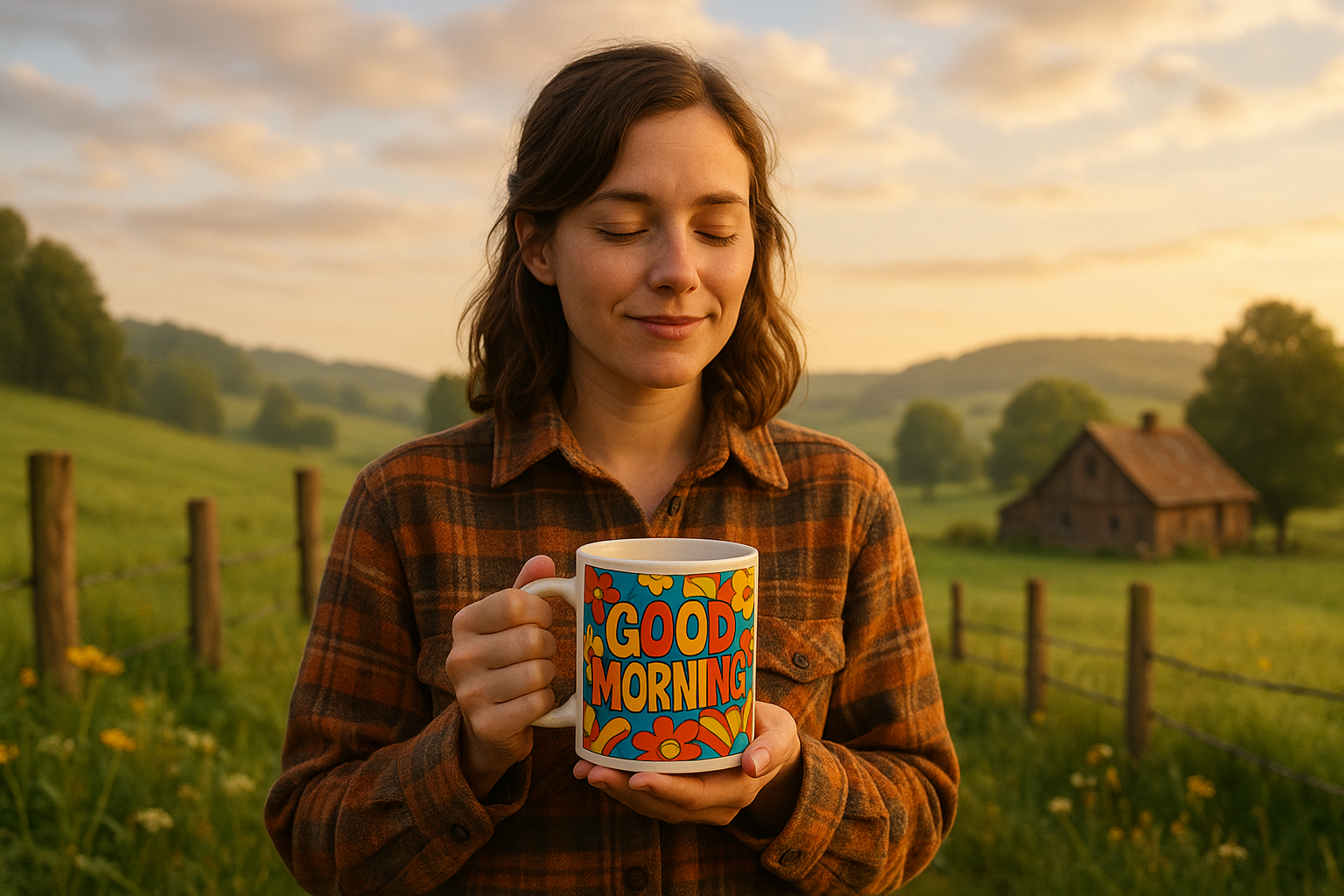 woman with graphic coffee mug in country setting
